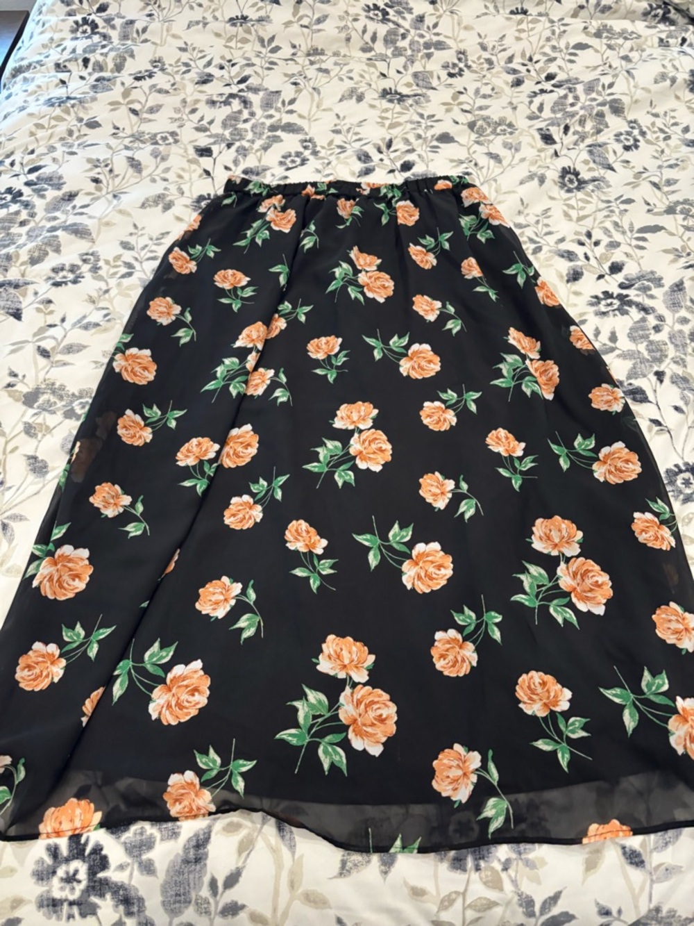 Old Navy Black Floral Midi Skirt with Orange Rose Print
